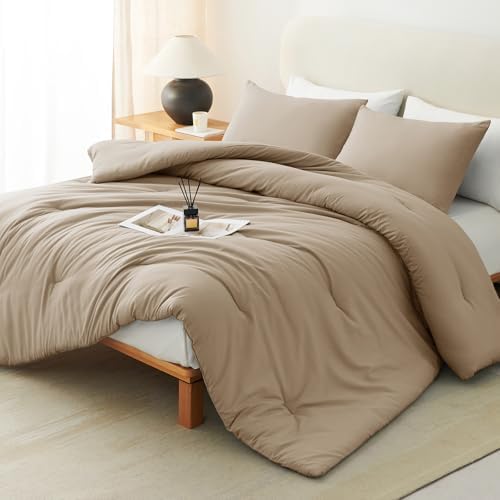 CozyLux King Comforter Set, 3 Pieces Down Alternative Bedding, Taupe