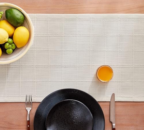 ZeeMart Linen Checked Farmhouse Table Runner, 13x48 Inches Ivory