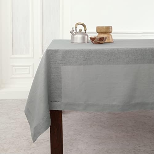 Solino Home 100% Pure Linen Tablecloth Grey, Classic Hemstitch 60 x
