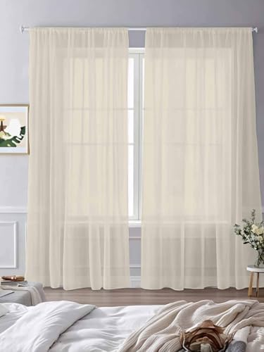 Beige Sheer Curtains for Living Room 108 inch Length 2 Panels Set