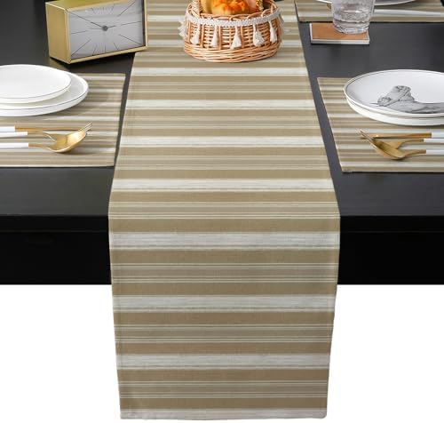 Brown Grey Striped Table Runner and Placemats for Dining Table,Burlap