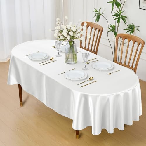 White Satin Oval Tablecloth 60 x 102 Inch for 8-10 Seats