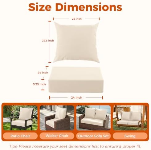 Deep Seat Patio Cushions Set of 4, 24x24x5.75 Inch, Waterproof Outdoor