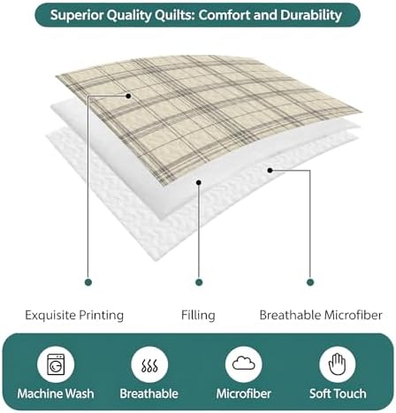 Quilts King Size Bedding Set, Check Plaid Lightweight Quilted