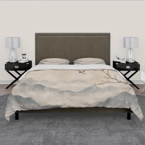 Mist Mountain Bedding Set 3 Pieces Cute Birds Flowers Beige Gray Duvet