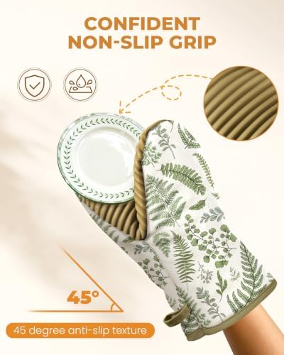 100% Thick Cotton Oven Mitts Ribbed Soft Silicone Natural Leaf