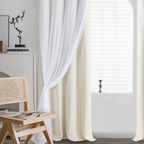 DWCN Ivory Blackout Curtains with Sheer Overlay with Tiebacks 108 Inch