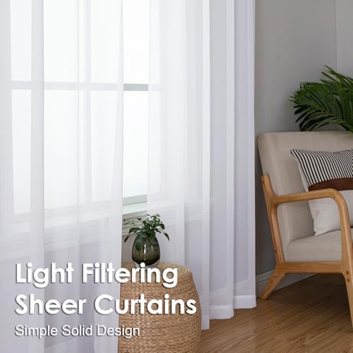 OVZME 2 Panels White Sheer Curtains 96" Length for Bedroom, Elegant