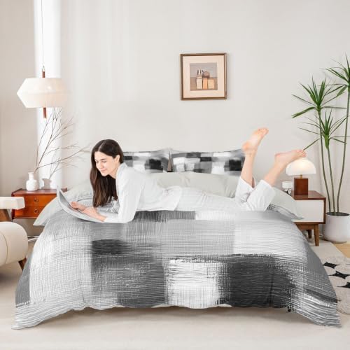 Feelyou Geometric Duvet Cover Queen Size Abstract Gray Plaid Comforter