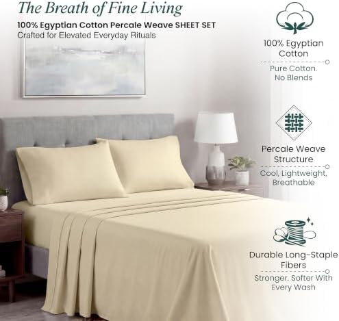 BlissBay 100% Egyptian Cotton Percale Sheet Set Twin Ivory 4 Piece