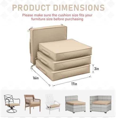 Patio Chair Cushions 17 x 16 x 3 Inch Waterproof Outdoor Seat Cushions