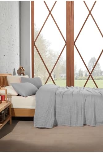 Cotton Waffle Bedspread Queen Size Light Gray 100% Cotton Lightweight