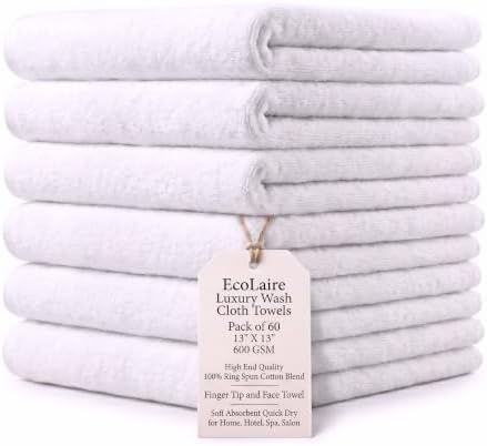 EcoLaire Luxury Wash Cloth Towels Pack of 60-13" X 13", 600 GSM High