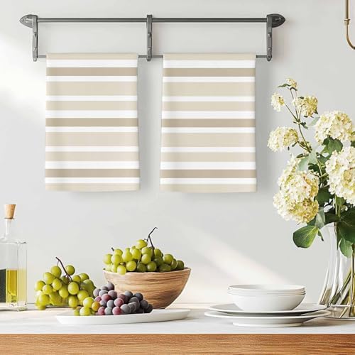Beige Brown Striped Kitchen Towels Set of 3, Absorbent Microfiber Dish