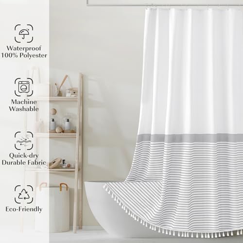 White Modern Farmhouse Shower Curtain,Gray Striped Shower Curtain,72 x