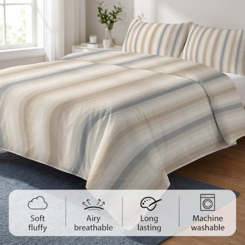 DecorLovee Brown Gray Striped Duvet Cover Set 3 Pieces with Zipper