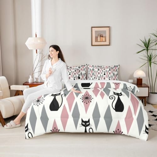 Manfei Black Cat Full Size Comforter Set,Geometric Rhombus Square
