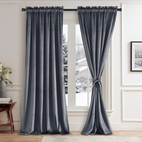 JIUZHEN Dark Grey Velvet Blackout Curtains 52W x 120L 2 Panels