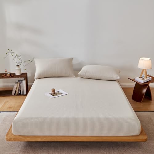 LweiPsqlin 100% Cotton Fitted Sheet Twin XL Size, Taupe Gray Gingham
