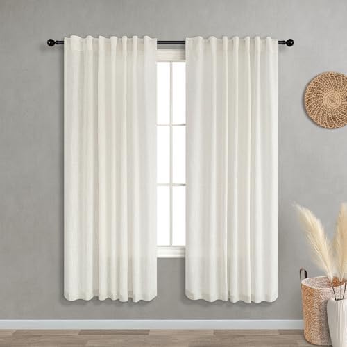 KOUFALL Linen Sheer Curtains 63 Inch Length for Living Room,2 Panel