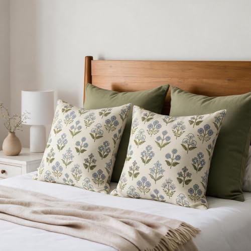 Farmhouse Floral Throw Pillow Covers 22x22 Set of 2, Blue Green