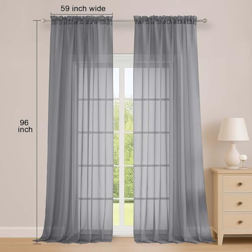 OWENIE Grey Sheer Curtains 96 Inch Long 2 Panels for Living Room 59"