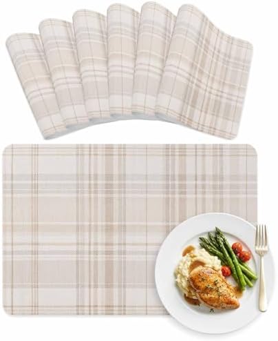 Farmhouse Tartan Beige Plaid Leather Placemats Set of 6,12x18