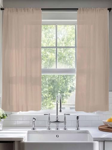 Beige Solid Color Sheer Curtains 72 Inch Length 2 Panels Set for