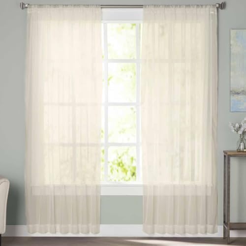 Cream Sheer Curtains 108 Inches Length 2 Panels Set Chiffon Curtain
