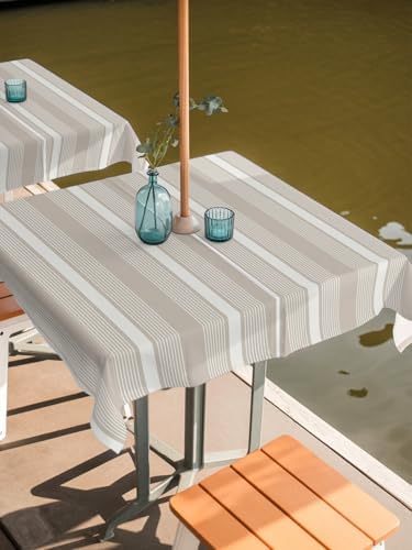 Square 60"x60" Patio Tablecloth with Umbrella Hole, Gray Brown Striped