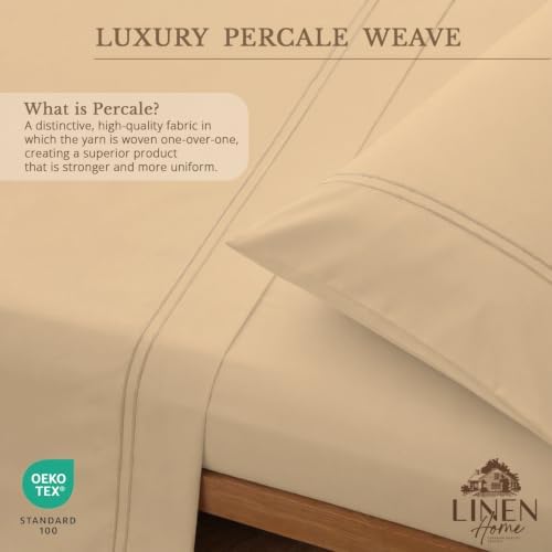 Linen Home 100% Cotton Marrow Percale Sheet Set, Queen Size, Light