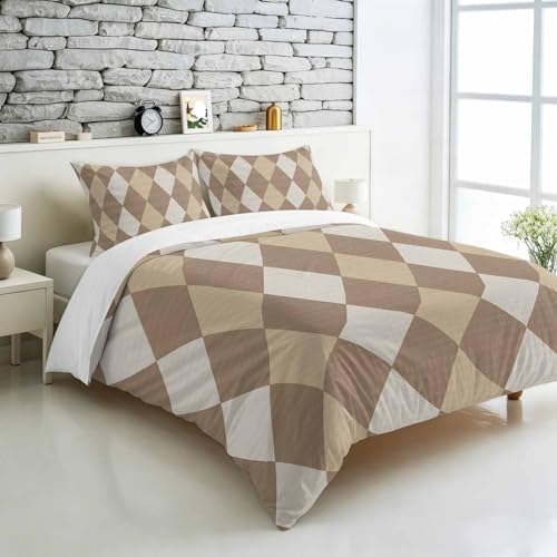 3 Pieces Bedding Set King Size, Coffee Beige Rhombus Soft Duvet Covers