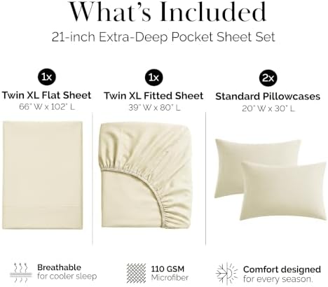 21 Inch Deep Pocket Twin XL Sheets Set Soft Microfiber For Dorm Room