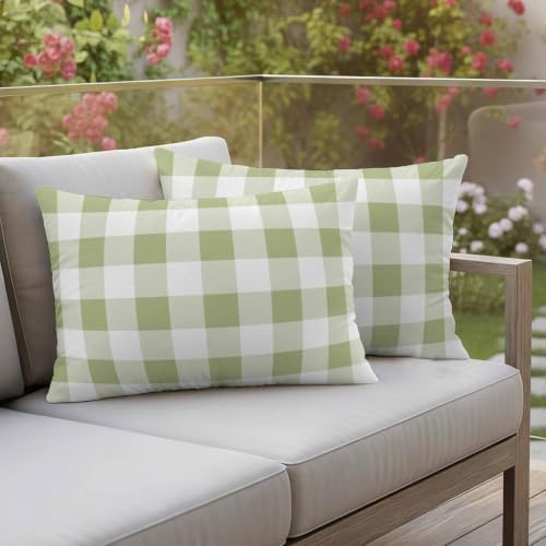 Light Green Buffalo Plaid Outdoor Waterproof Throw Pillow Covers Set
