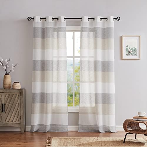Central Park Gray Tan Stripe Sheer Color Block Window Curtain Panel
