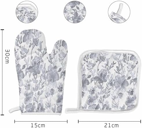 Oven Mitts and Pot Holder Set for Kitchen, Watercolor Gray Grey Flower