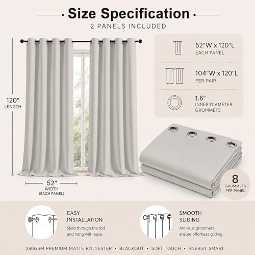 Simplebrand Grommet Blackout 120 Inch Long Curtains 2 Panel for Large