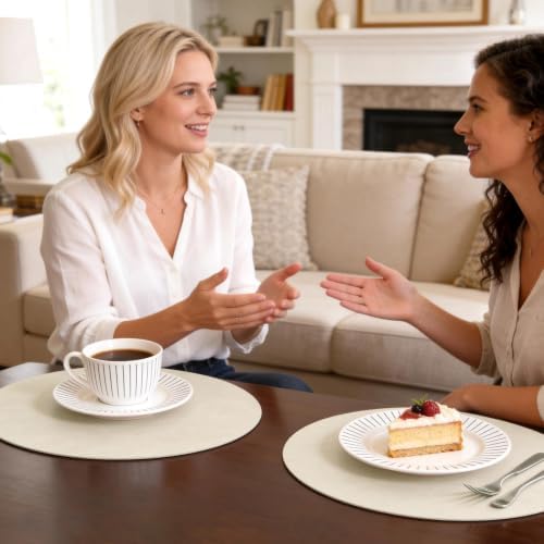 MOSAYT Vinyl Faux Leather Round Placemats Set of 4, 13 Inch, Beige