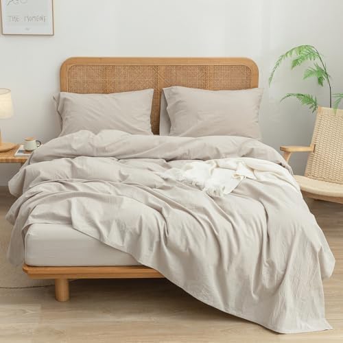 BESTOUCH 100% Washed Cotton Linen Feel Sheet Set, Solid Linen Grey