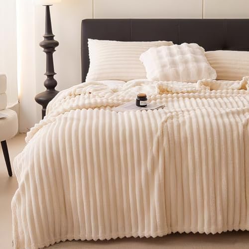 Reversible Faux Rabbit Fur Throw Blanket, Soft Warm Decorative Blanket