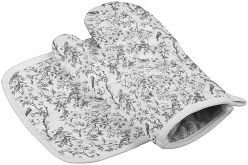 Quilted Cotton Terry Cloth Oven Mitt, Pot Holder Gray Birds Leaves