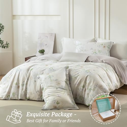 MILDLY Beige Floral Duvet Cover Set 3pcs Elegant for All Season Full