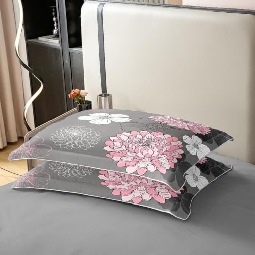 Feelyou Pink Gray Floral Boho Duvet Cover 100% Cotton Queen Size