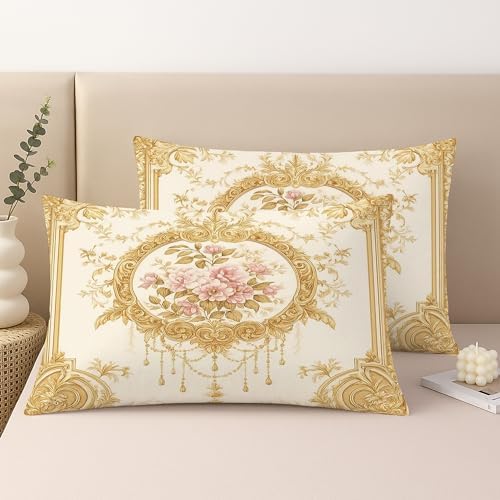 Elegant Floral Throw Pillow Covers Set of 2, Cream Gold Vintage Rose