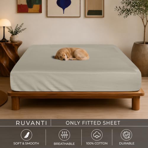 RUVANTI 100% Cotton Fitted Queen Sheets, Percale Weave – Mocha Taupe