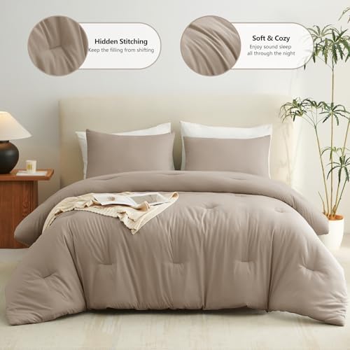 CozyLux Full Comforter Set, 3 Pieces Down Alternative Bedding, Khaki