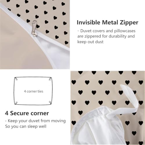 Beige Simple Little Heart Duvet Cover Set for Women Girls 3 Pcs Cute