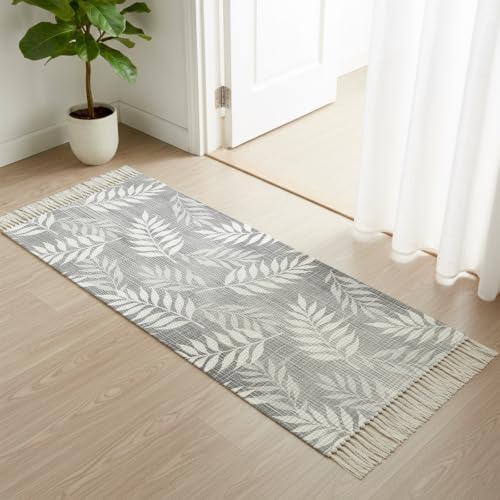 Gray Leaves Hallway Runner Rug 2'x5', Summer Botanical Modern Zen