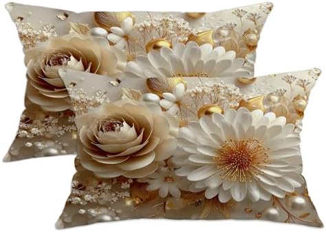 Elegant Floral Pillow Covers Set of 2, Cream Gold Decor Throw Pillows
