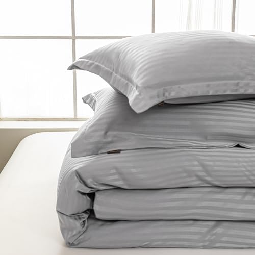 Hotel Duvet Cover King Size Grey Satin Pin Striped 3 Piece Set